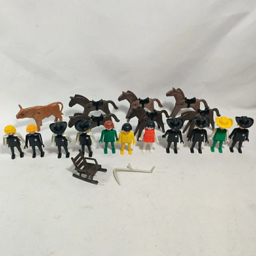 Lot Of Vintage 1974 Playmobil Geobra Western Cowboy Figures Horses Bull