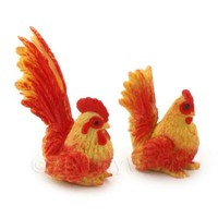 Puppenhaus Miniatur Roter Und Gelber Henne Und Hahn Set