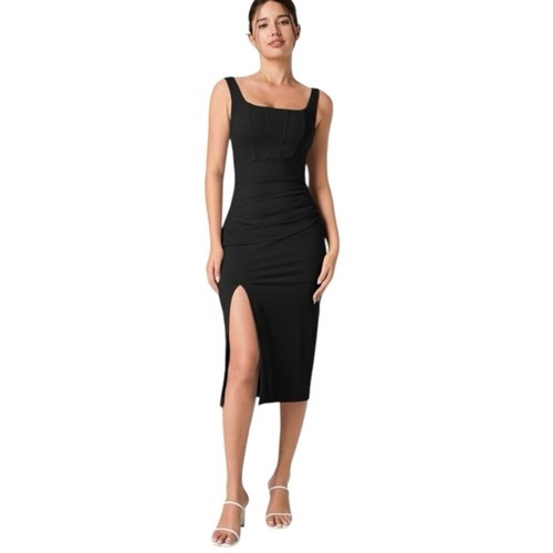 NWT Halara Softlyzero Airy Square Neck Ruched Split Bodycon Midi Dress Black XL