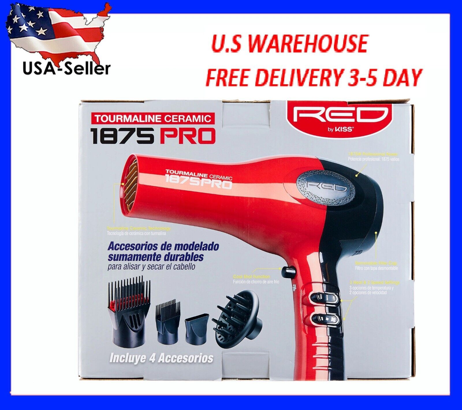 Hair Blow Dryer With Comb Attachment Professional Ceramic No Frizz Ion Red  1875W | eBay