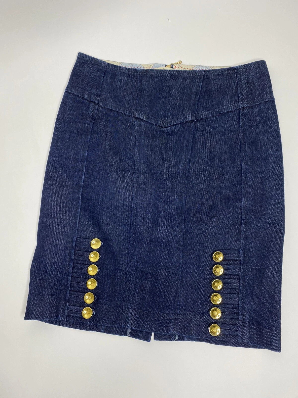 Women’s Anthropologie Leifsdottir Gold Button Military Denim Skirt *EUC