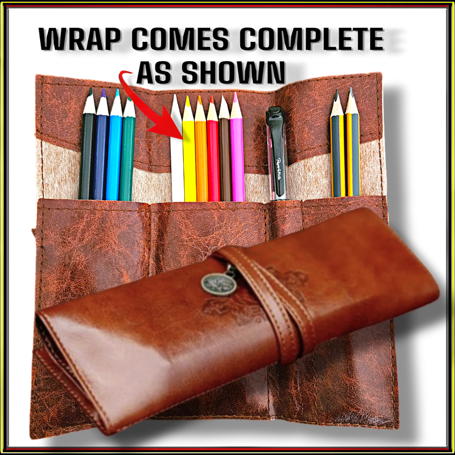 Leather look Cosmetic Make-up Brush Wrap Holder Bag Pencil Case FREE pencils inc