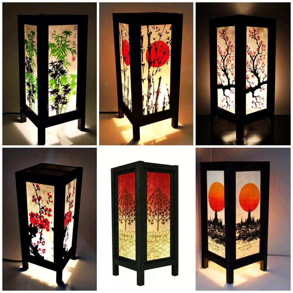 Asian Paper lamp Asian pattern square 5x11” Bedside Table Lamp Wood Shades  Light