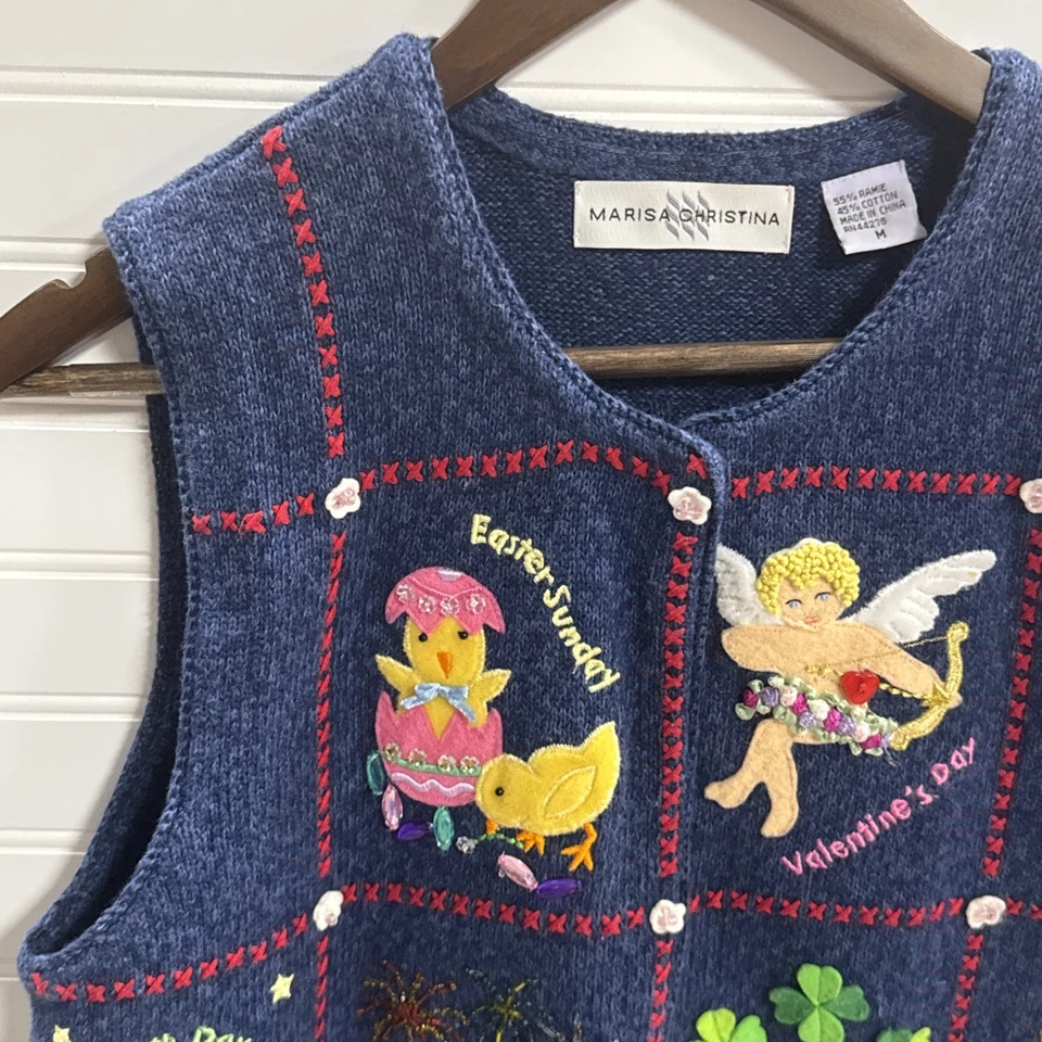 Lindo chaleco vintage de profesor de temporada de vacaciones múltiples Marisa Christina para mujer talla M Foto 2 de 4