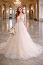 Ivory Lace A-Line Wedding Bridal Gown Illusion Bodice  Keyhole Back Tulle sz 0