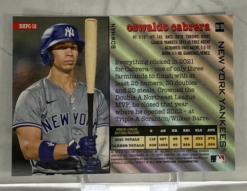 2022 Bowman Heritage Chrome #BHPC-18 Oswaldo Cabrera Prospect New York Yankees - Picture 2 of 2