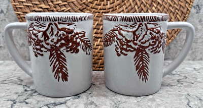 Lodge Style Coffee Mugs Set of 2 Pinecone Embossed 20oz Winter Cups