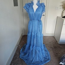 SABINA MUSÁYEV Womens Jessa Maxi Dress Small Blue Ruffle Sheer Boho Fairy $415