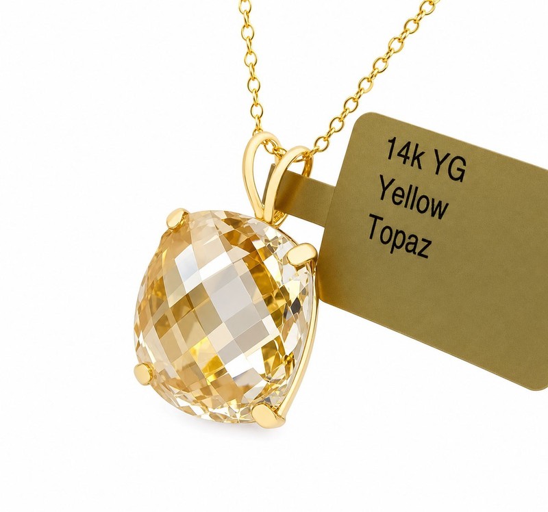 LAB CREATED 7.76 Cts CHECKERBOARD YELLOW TOPAZ PENDANT SOLID 14k GOLD - NWT