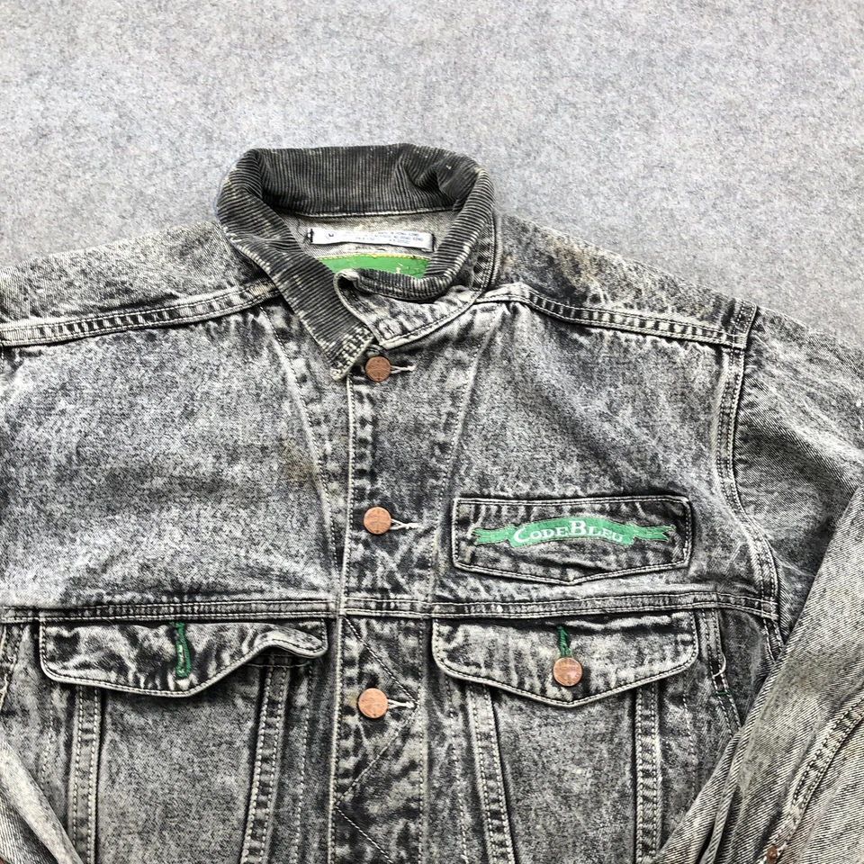 Vintage Code Bleu Jacket Mens Medium Black Acid Wash Denim Corduroy Collar 90s - Image 4 of 4
