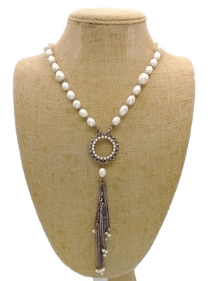 Chicos Necklace Faux Pearl Tassel Fringe Brass Toggle Clasp 2 Way New