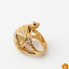Turtle Crystal Gold Tone Cocktail Ring Articulated Alloy Zirconia 16g UK Size O