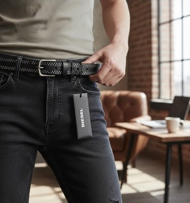 DIESEL B-Inary Herren Gürtel 100 cm schwarz Leder silberfarbene Details Schnalle UVP200*