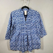Scandia Woods Shirt Womens Small Blue White Floral Button Up 3/4 Sleeve Cotton