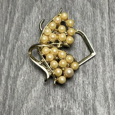 Vintage Faux Pearl Leaf Scarf Clip Gold Tone Hinged Scarf Ring Costume Jewelry
