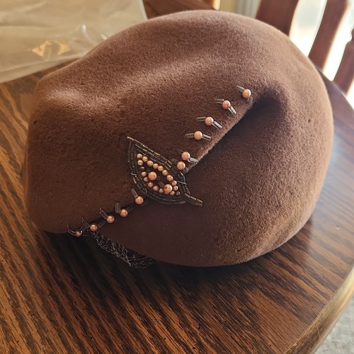 Brown Felt Vintage Hat w/ Netting Veil & Beaded Trim, Pillbox Style