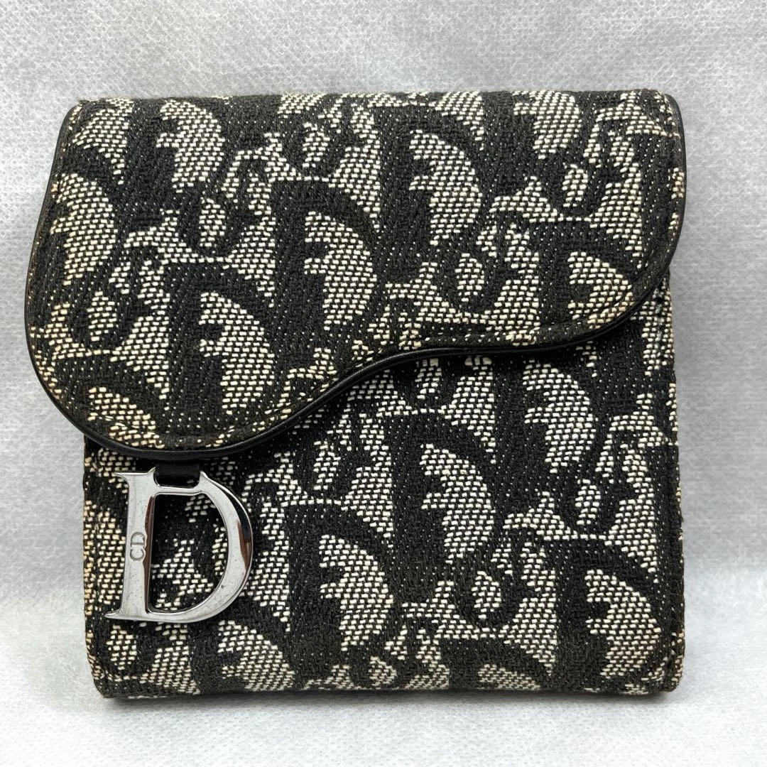 Christian Dior Portefeuille Selle Série Trotteur Toile Sac à Main Bifold Noir Argent