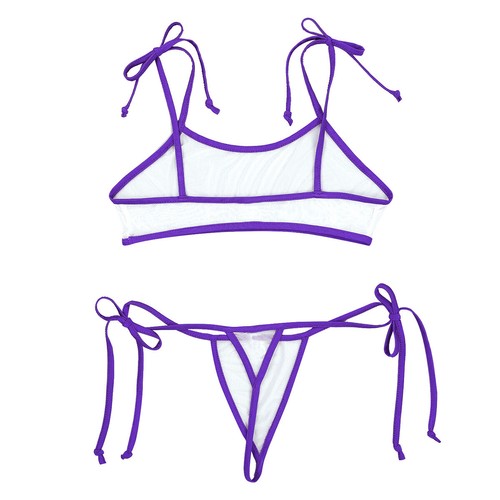 Womens Micro Bikini Set Mesh Micro Bra Top Side Tie G-String Thong Mini Swimwear - Picture 11 of 123