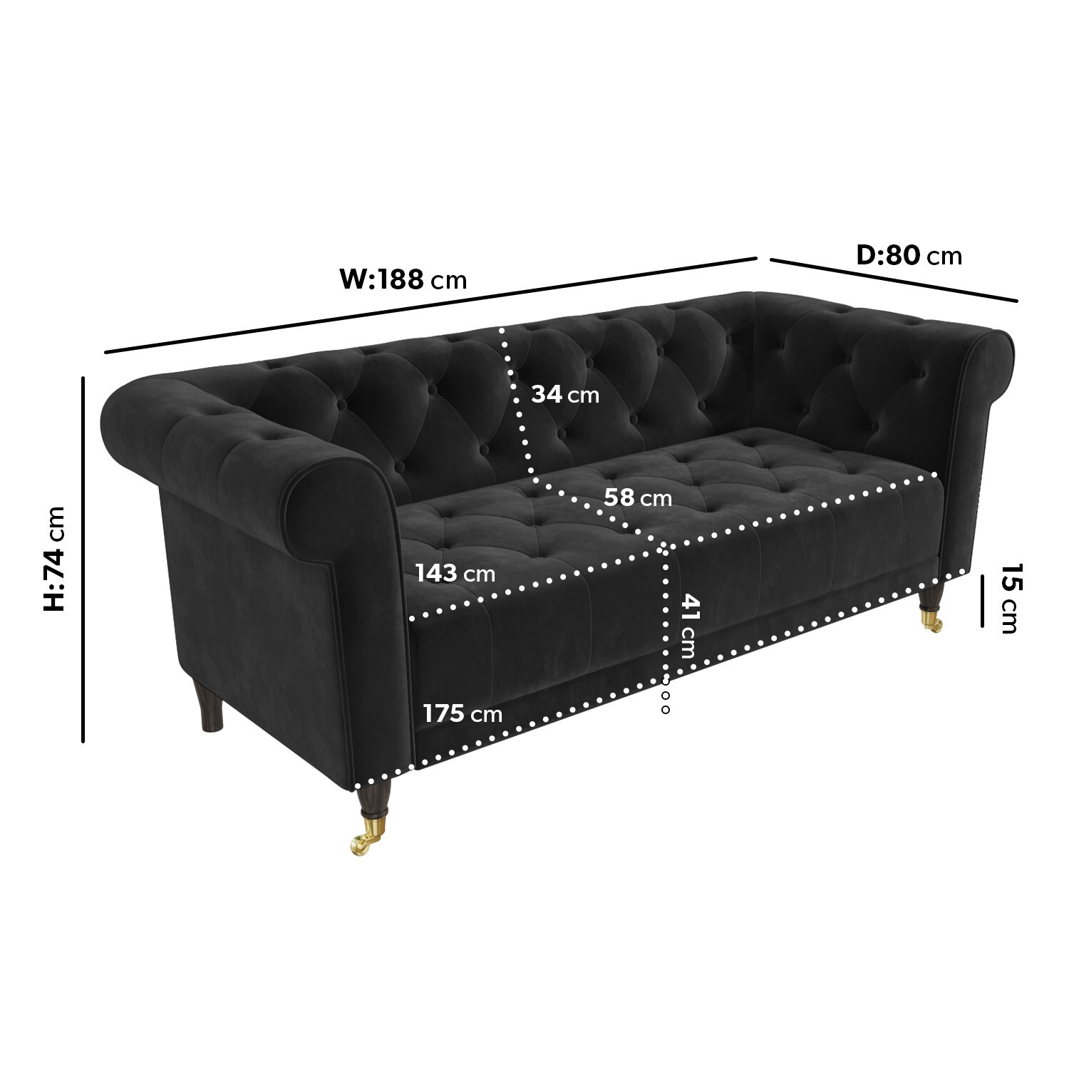 Grey Velvet Sofa 3 Seater Chesterfield with Scroll Arms Dark Wood Gold