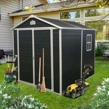 8 x 6 FT Outdoor Resin Storage Shed Garden Tools Storage House with Floor Base