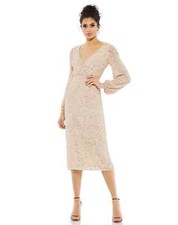MAC DUGGAL Nude Blush Pink Sequin Illusion Puff Sleeve V-Neck Midi Dress 16 = XL