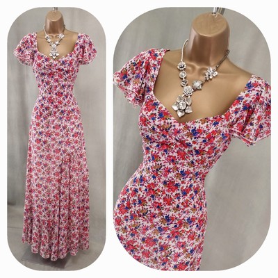  ~  DERIN  ~UK S Designer Ditsy Floral Floaty Chiffon Fit & Flare Maxi Dress  