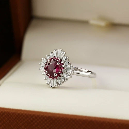 Round Cut Simulated Red Ruby Women's Halo Wedding Ring In 14k White Gold Plated - Picture 1 of 6