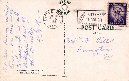 Postal de Little Rock Arkansas Arkansas State Capitol c1958 - Imagen 2 de 2