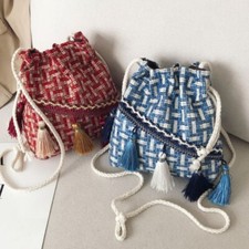 Vintage Style Boho Drawstring Bag Small Crossbody Bucket Bag Tassel Chic Check