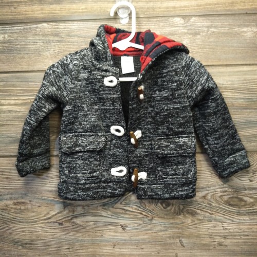 CARTER'S Baby Boy Hooded Sweater Jacket 9M Gray Black Red Plaid Toggle Buttons - Picture 5 of 11