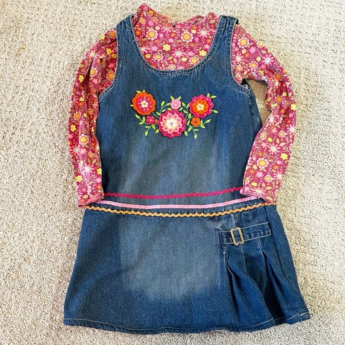 Nannette Girl Denim Floral 2 Piece Jumper Sz 6x Garden Colorful 90s Cottagecore - Picture 3 of 12
