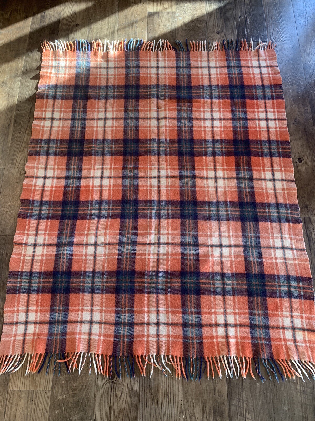Vintage PLAID WOOL BLANKET orange blue green Tartan Plaid Camp throw w