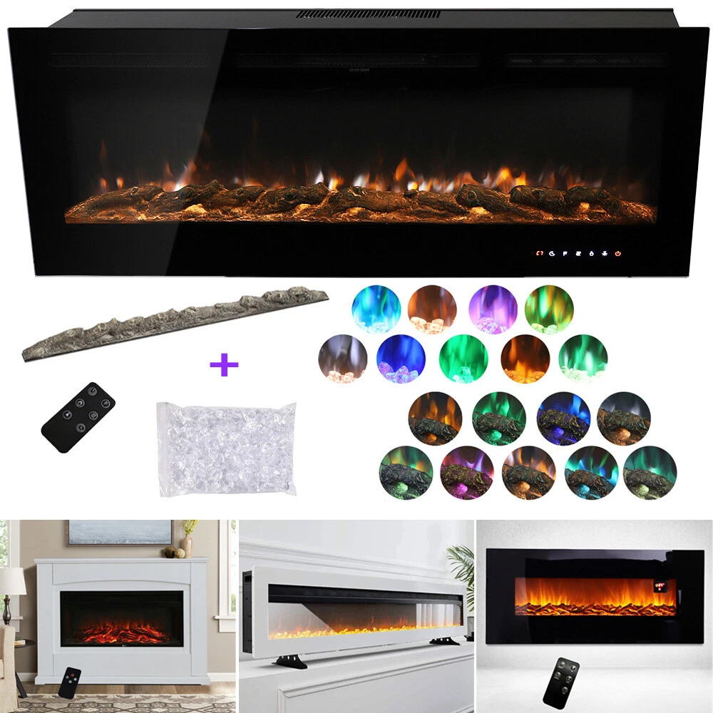 Black Electric Fire 50/30 Inch Insert Wall Mounted Fireplace LED Log Flame  Light | eBay