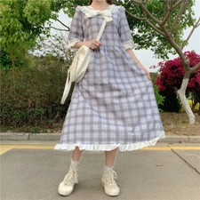 Dama Retro Vestido a Cuadros Niña Japonesa Volantes Moño Estudiante Princesa Dulce