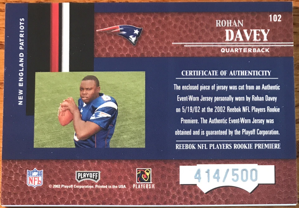 2002 Playoff Piece Of The Game Rookie Jersey Rohan Davey #102 #’d 414/500 - Image 2 of 3