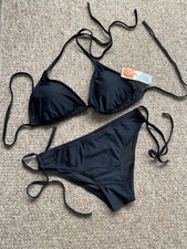 Ladies Bikini Black Halter Neck Side Tie Removable Pads Size M (12-14) BNWT