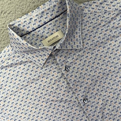 Bugatchi Shirt Mens Large White Motorcycle Print 8 Way Stretch Short Sleeve