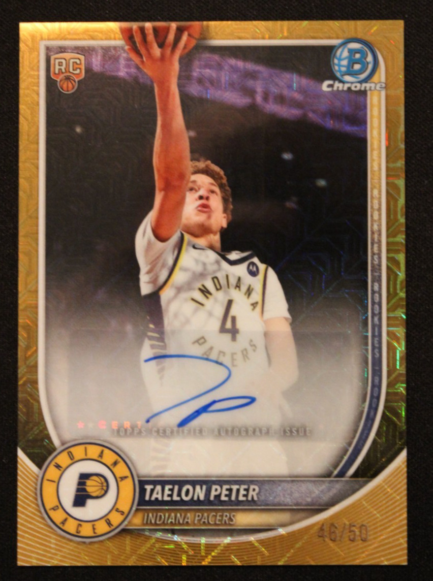 Taelon Peter 2025-26 Bowman Basketball Gold Mojo /50 Auto Pacers RC