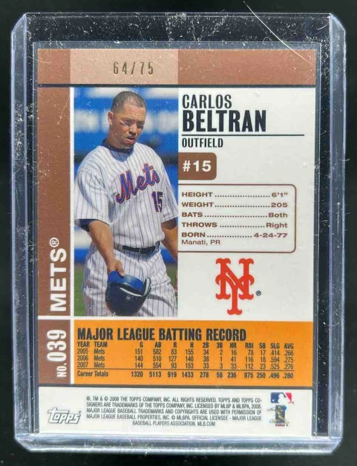 2008 Topps Co-Signers Carlos Beltran Hyper Plaid Bronze #64/75 Mets - Image 2 of 2