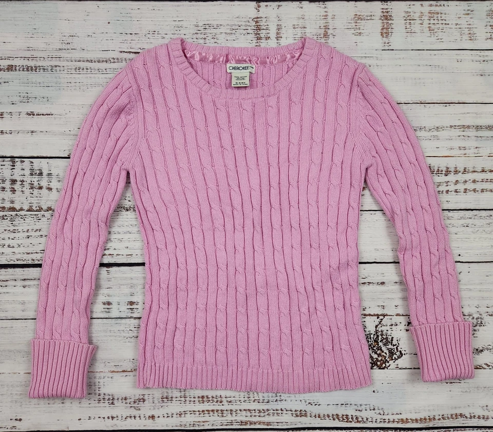 Suéter Y2K Cherokee Niñas Rosa Tejido con Cable Algodón Talla 6/6X Clásico Estilo Preppy Foto 2 de 4