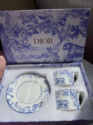 Dior Toile de Jouy Blue Tiger Porcelain Mug Tea Cup Saucer Set of 2 France