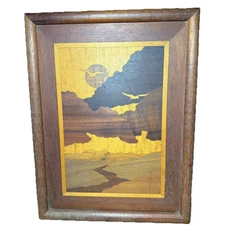 Vintage Wood Marquetry Framed Art Piece Maple Padang Walnut Oak Cherry Sycamore