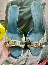 Gucci GG Monogram Blue/Beige Open Toe Slip-On Mule Heels Buckle 6B