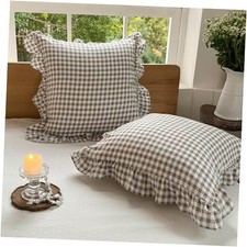 Tan Ruffled Plaid Gingham Pillow 20" x 20" Pack of 2 Tan Gingham Ruffled
