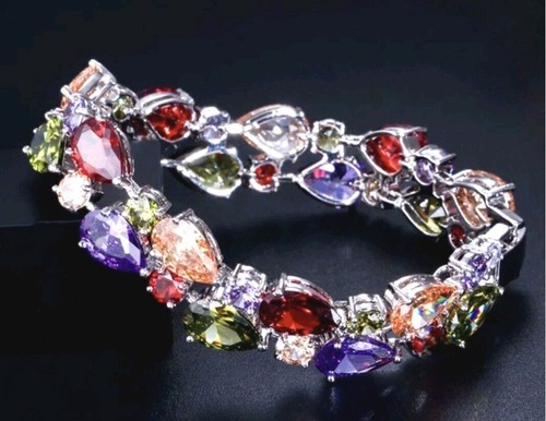 18k White Gold Plated Multicolor Lab-Created Baguette Bracelet Swarovski Crystal - Picture 6 of 6