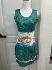 NWOT KY'S Hawaii Vintage Hawaiian Boats Fishing Green Mini Dress , S, M, L