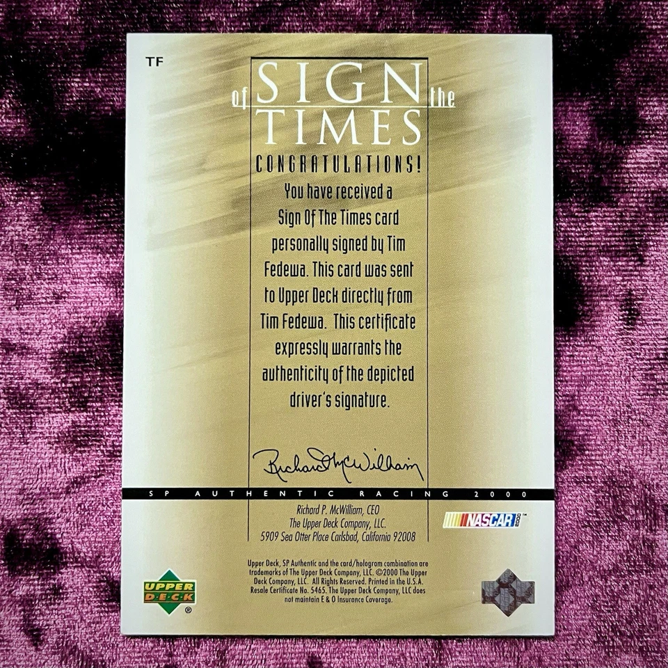 Tim Fedewa 2000 SP Sign Times Autograph MINT Michigan NASCAR Auto Racing Legends - Image 2 of 2