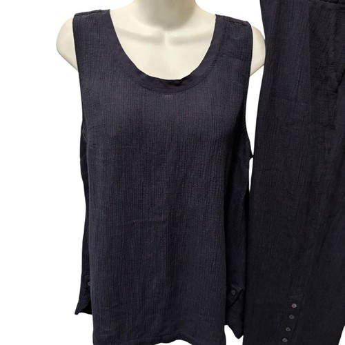 Soft Surrounding Gauze 2Pc Pant Set Navy Sz XL Tank Round Hem Wide Leg Pant - Picture 2 of 9