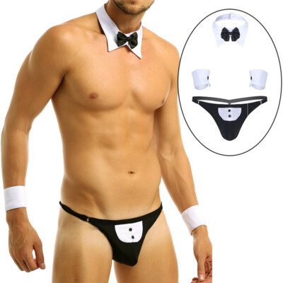 Men Waiter Cosplay Outfits Lingerie Set Bow Tie Tuxedo Briefs Stripper Costumes