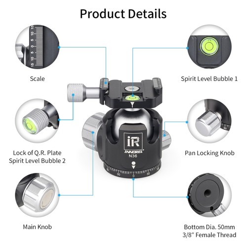 INNOREL N52/N44/N36 Low Profile Tripod Ball Head Panoramic CNC Metal Ballhead - Picture 15 of 36